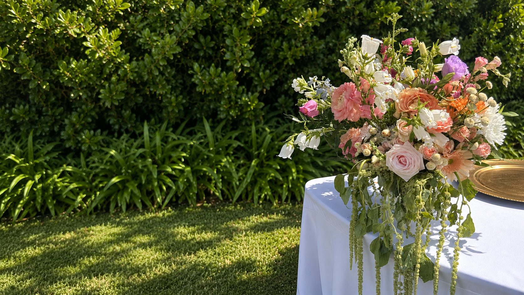 A garden wedding centerpiece of roses, ranunculus and amaranthus by Lorena Solis